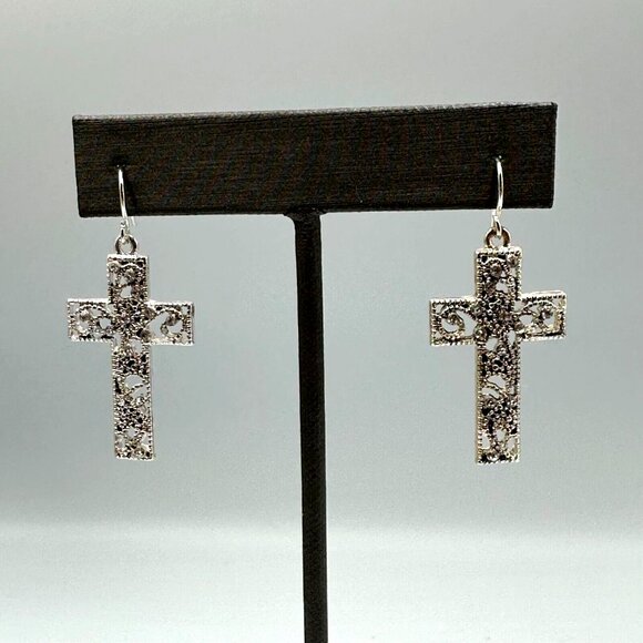 3/$30 Cross Dangle Earrings Silver Tone Rhinestone Sparkle Faith Jewelry 1.5 " - Picture 1 of 10